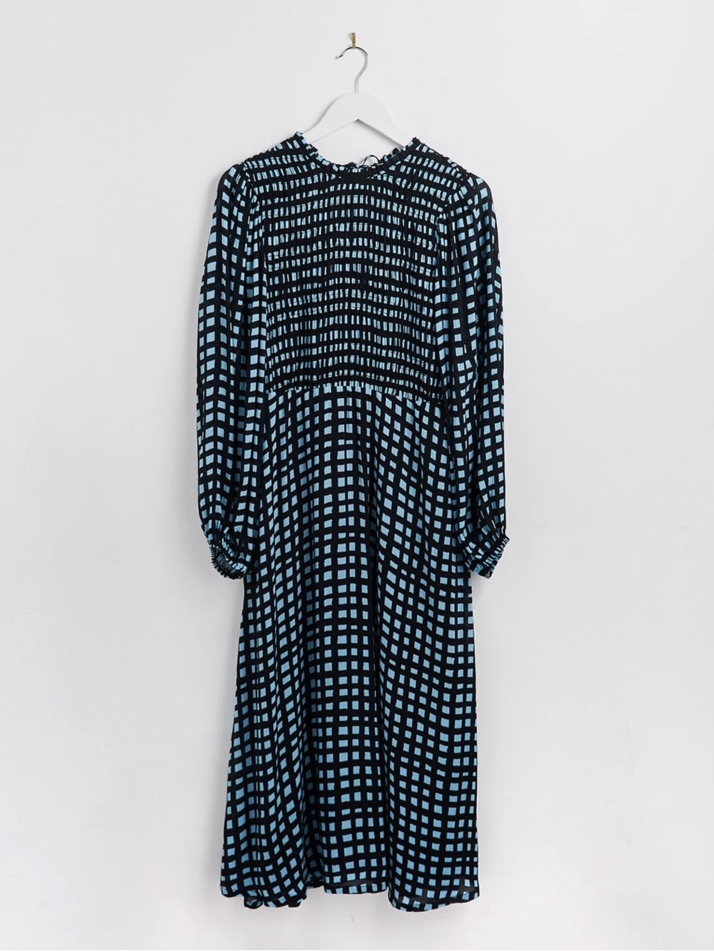 Long-Sleeve Blue Check Midi Dress with Shirred Bodice